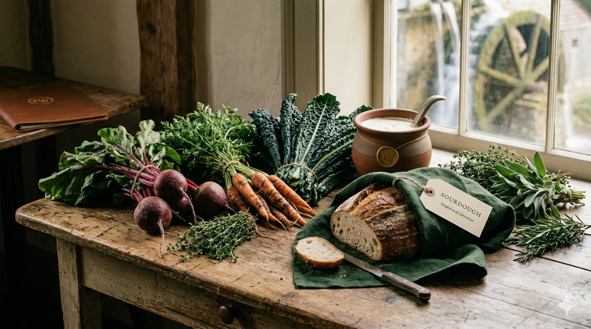 Farm harvest still life with mill wheel through the window