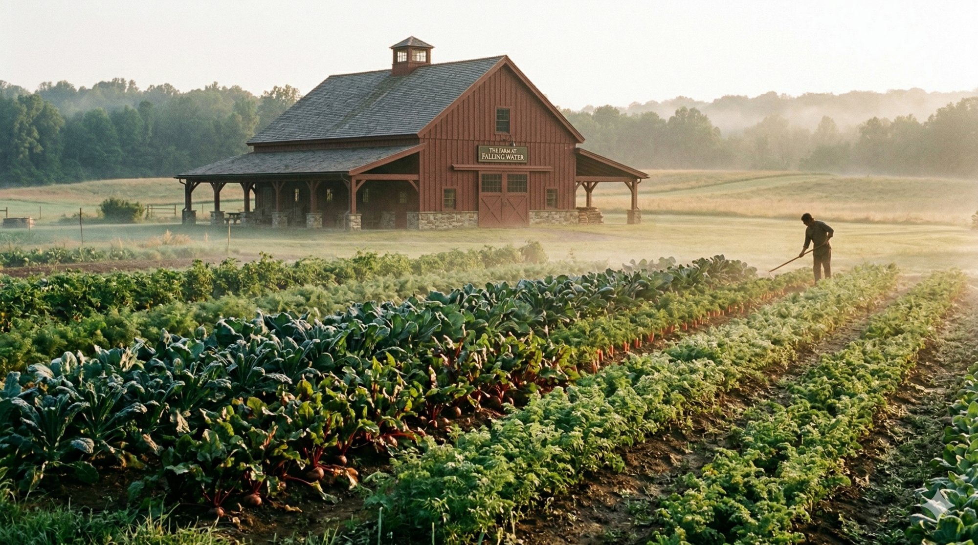 The biodynamic farm at Falling Water at sunrise