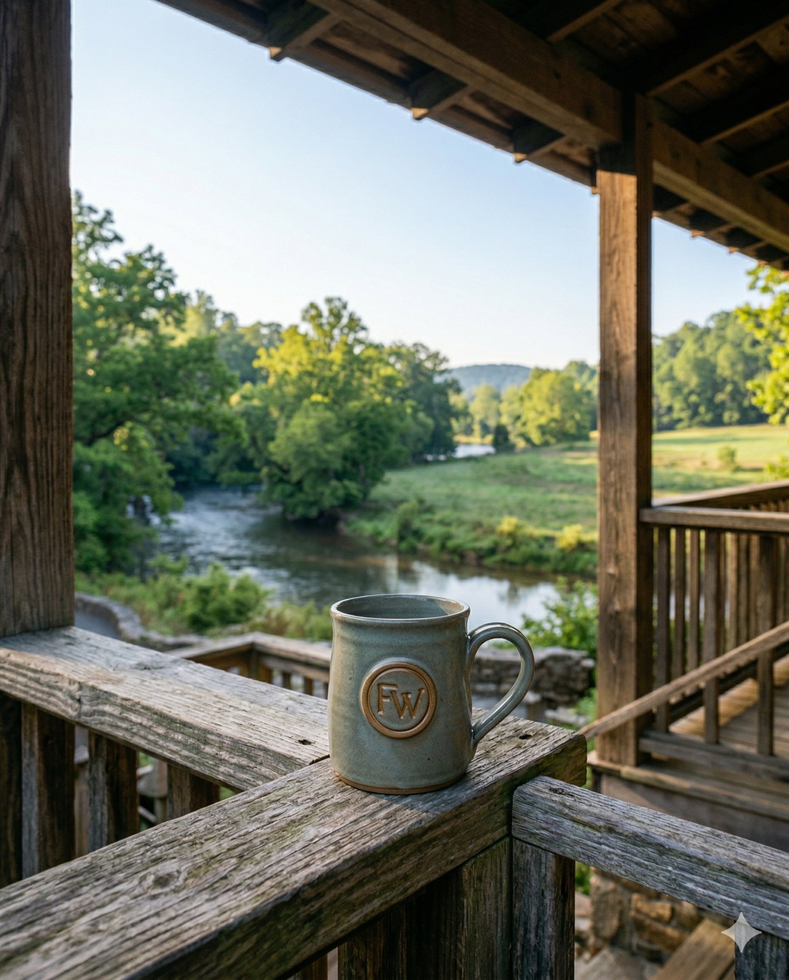 Morning coffee on the porch at Falling Water
