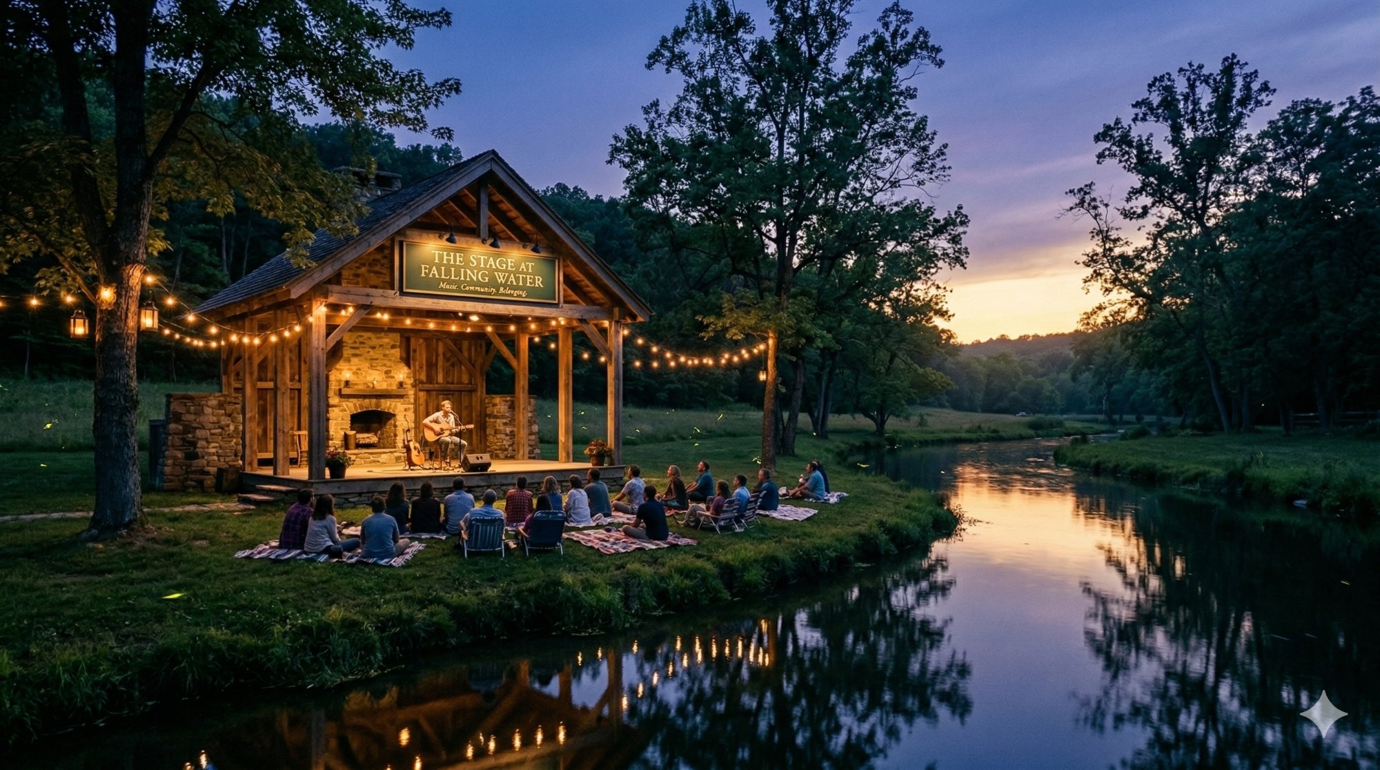 The stage at Falling Water at dusk