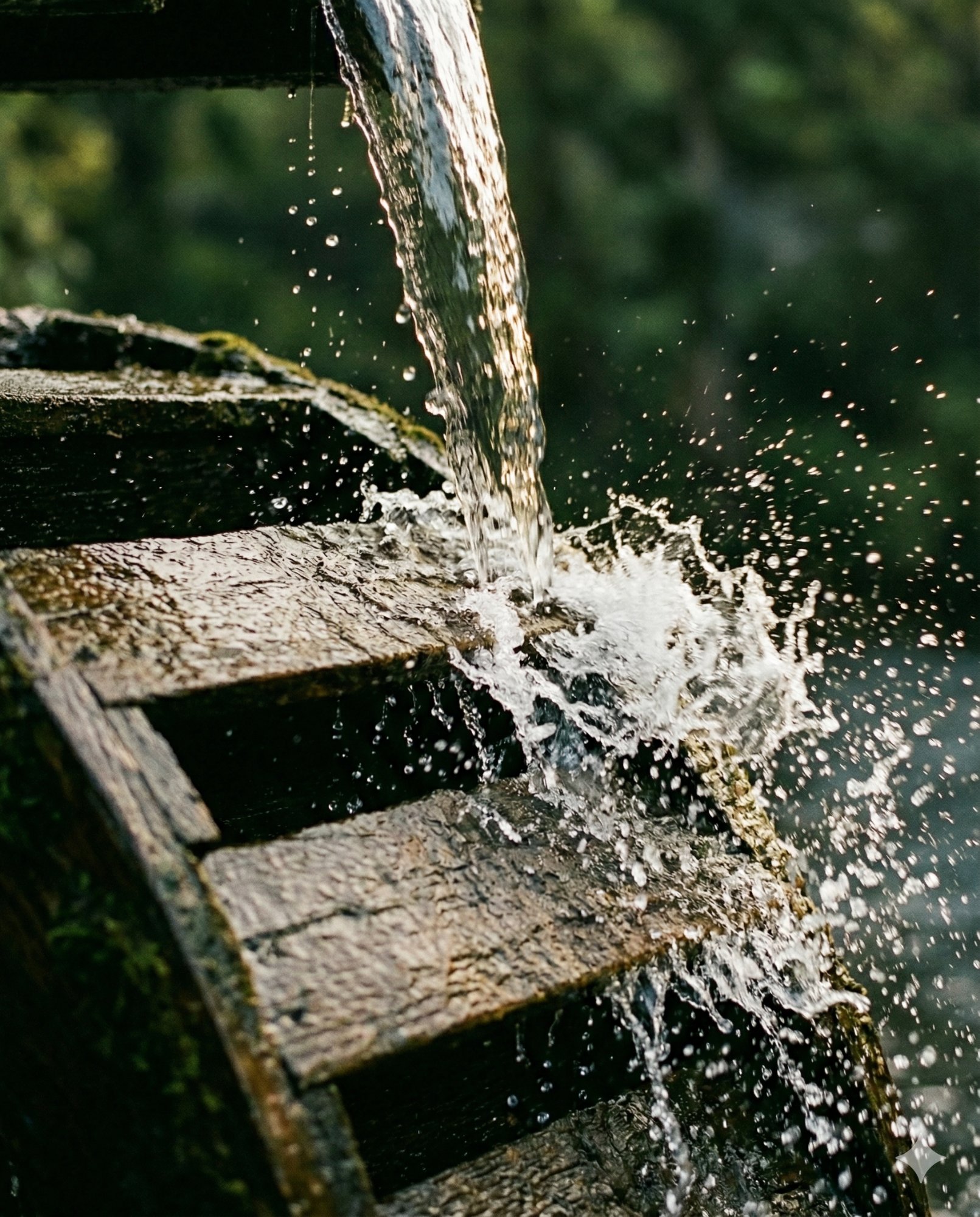 Water falling onto the mill wheel
